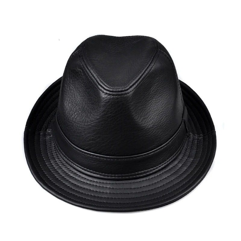 2024 Mens High Quality Genuine Leather Jazz Fedora Gentleman Cowboy Leather Short Brim Black/Brown Top Hat Mens Display Top 241018