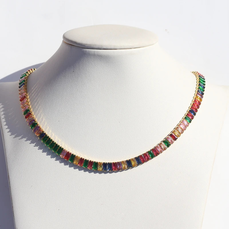 Wide CZ Tennis Necklace Womens Luxury Ice Out Rainbow Cube Zirconia Gold Crystal Chain Womens Jewelry Necklace 241018