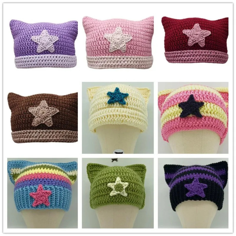 Y2K Crochet Stripe Pattern Handmade Cat Ear Hat Soft Winter Warmer Knitted Hat Cold Winter Presents for Students Teenagers Gorra 241007