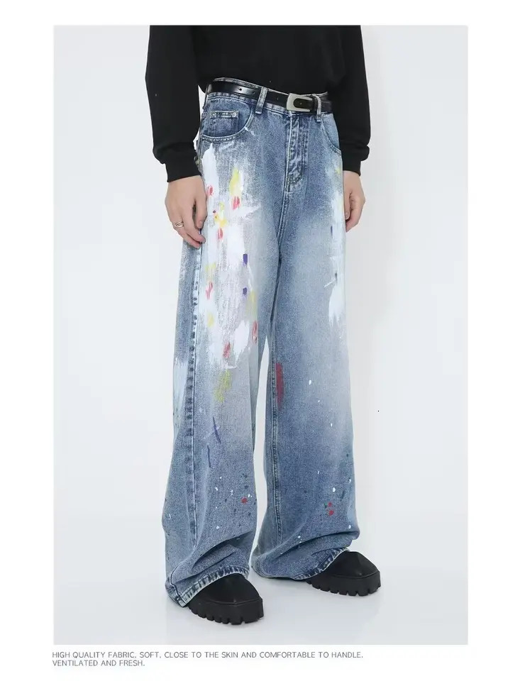 Y2K mens splash ink jeans hip-hop fashion graffiti hole straight leg denim shorts Y2K streetwear jeans 241007