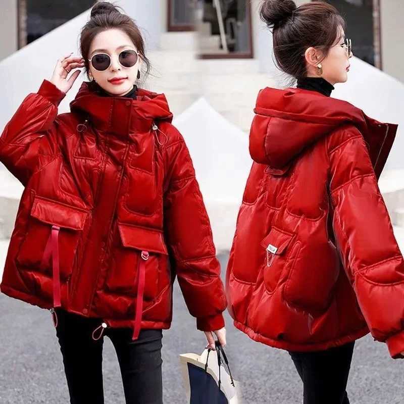 Winter New glossy Down Cotton Jacket Thick Warm Hooded Puffer Jacket Women Parka Oversized Korean Coat Black Red Green Blue topsX241019