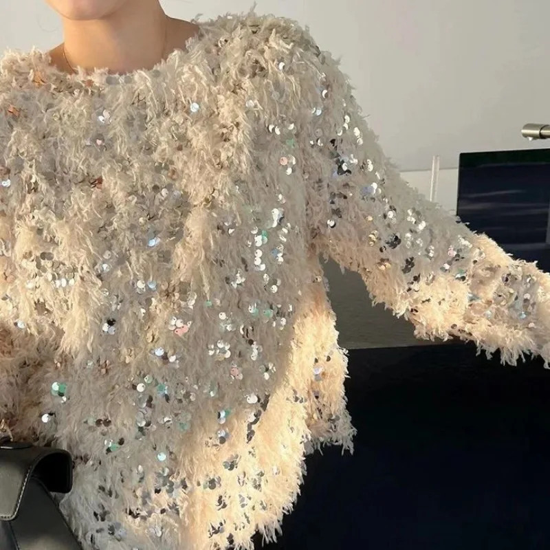 Neploe Heavy Sequin Tassel Sweaters Female Autumn Oneck Loose Tops Women Y2k Fashion Long Sleeve Knitted Pullover 241010