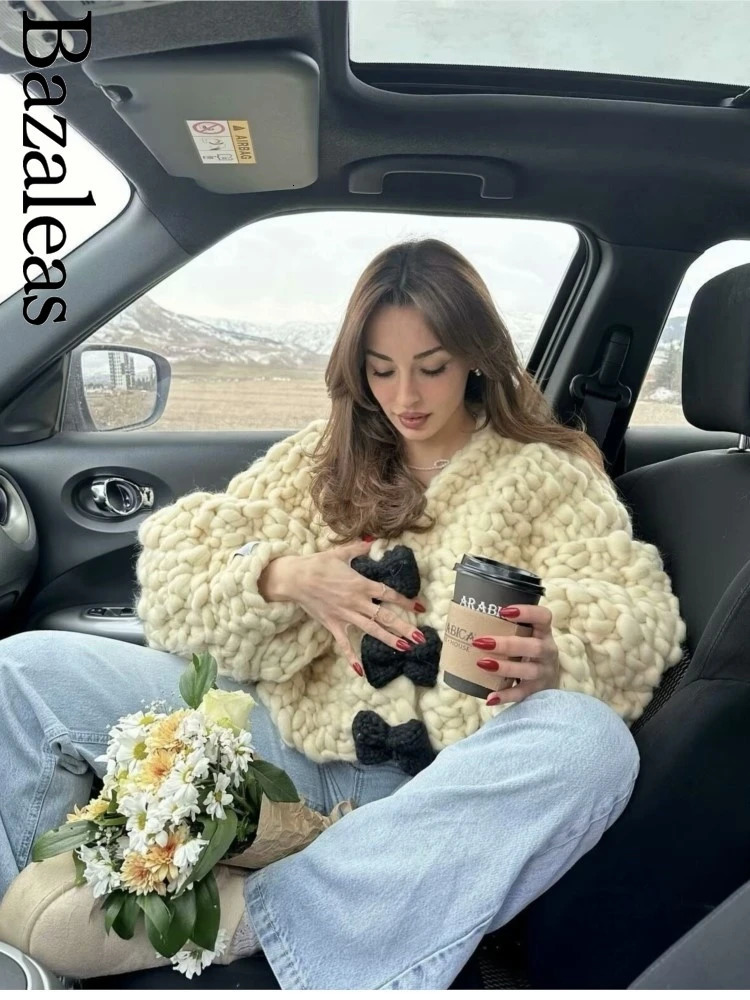 2024 Bazaleas Traf Autumn Warm Short Outerwear Official Handmade Bow Sweater Coat Vintage Oversize Lantern Sleeve Cardigan 241009