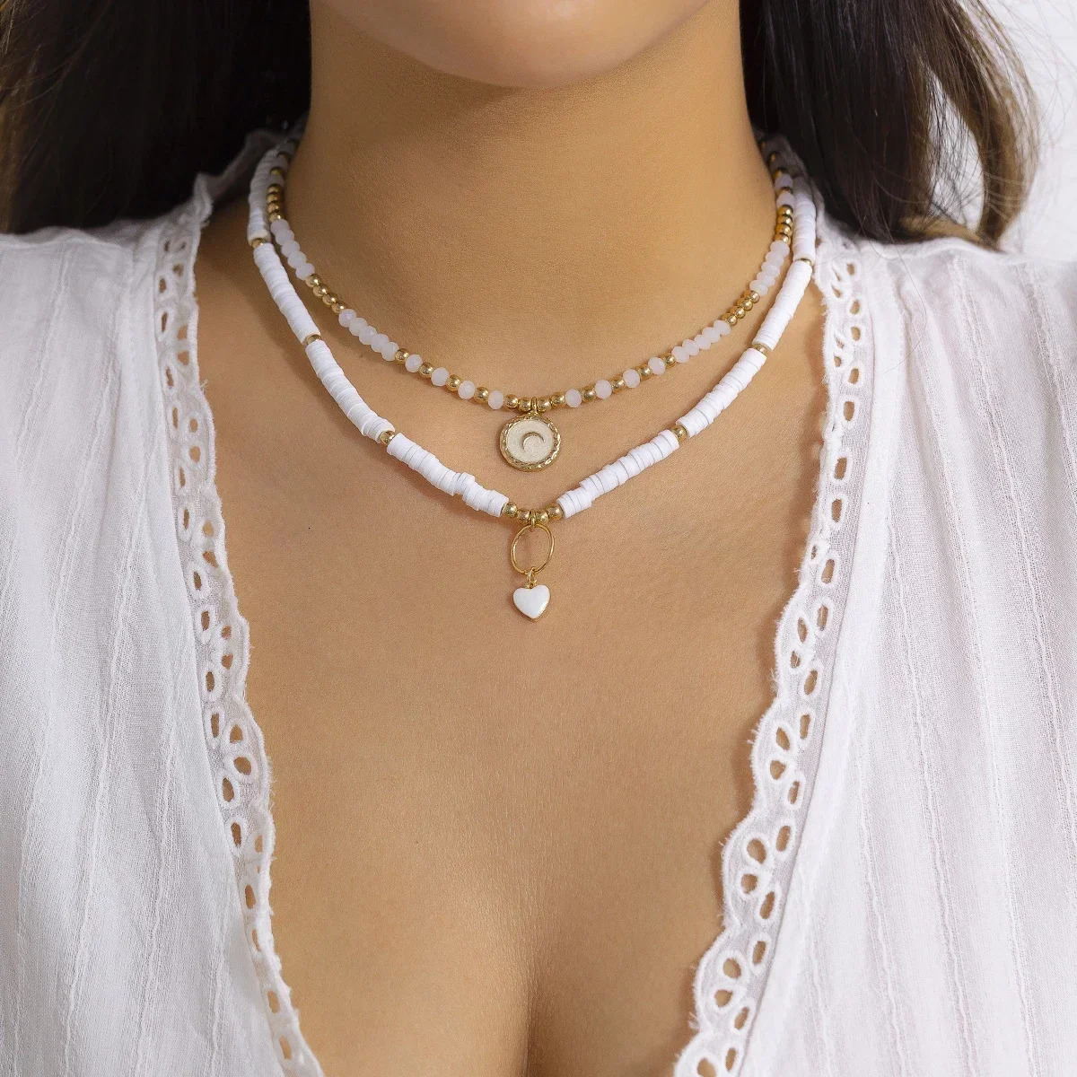 Bohemian Heart Pendant Crystal Bead Glass Bead Necklace White Flat Polymer Clay Bead Necklace Vintage Jewelry 241018