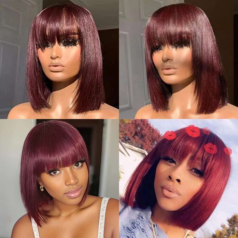 HD Transparent Burgundy Short Bob Human Hair Wigs Brazilian J Red Straight x Lace Front Wig For Women Pre Plucked