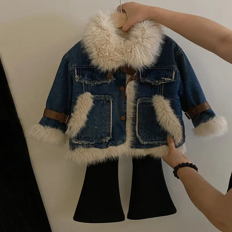 Childrens clothing childrens jacket winter jacket girls plush polo jacket thick denim jacket and velvet glitter pants 241019