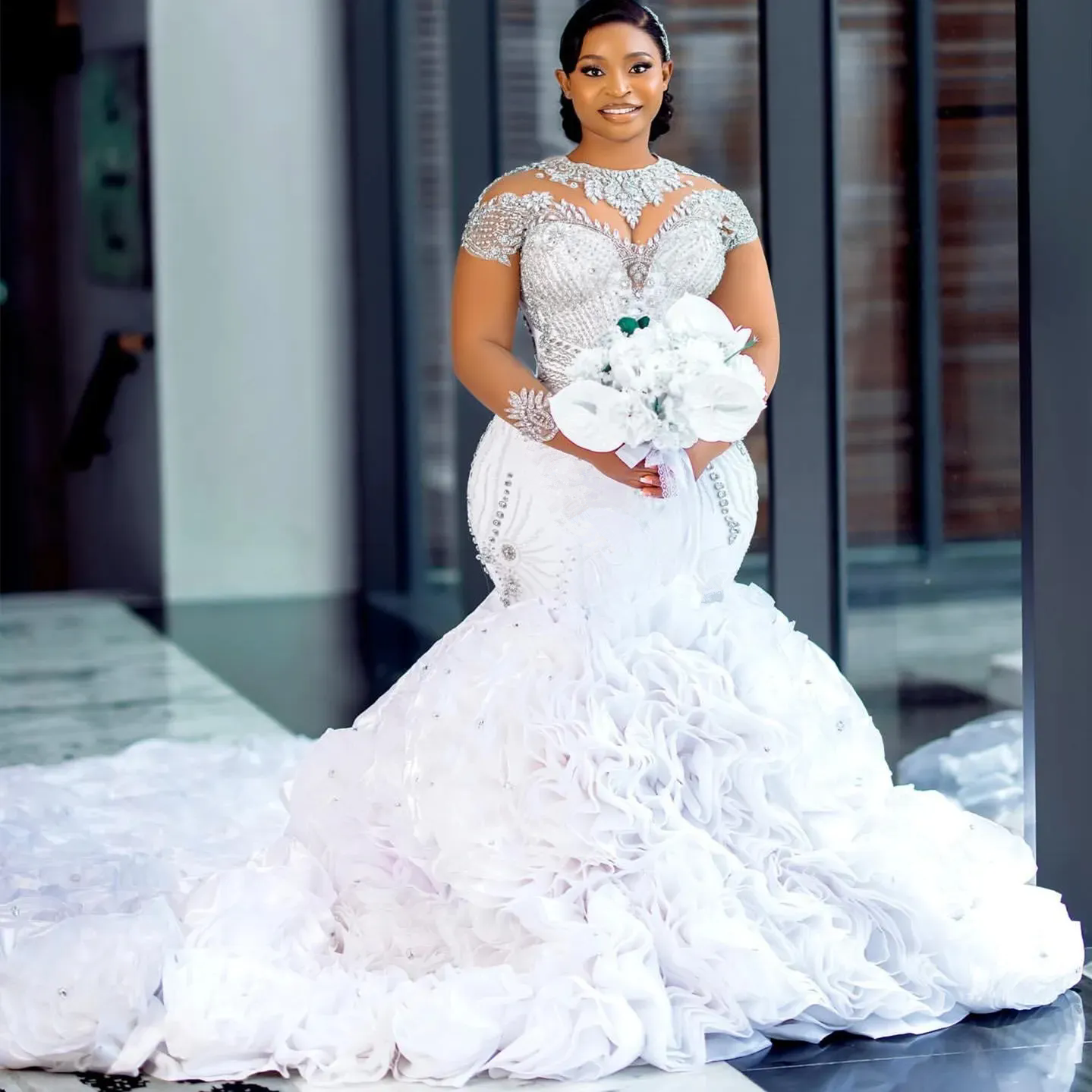 Arabic Aso Ebi Plus Size Lace Luxurious Mermaid Wedding Dress Flowers Crystals Tiers Satin Bridal Gowns Dresses Robe de mariee