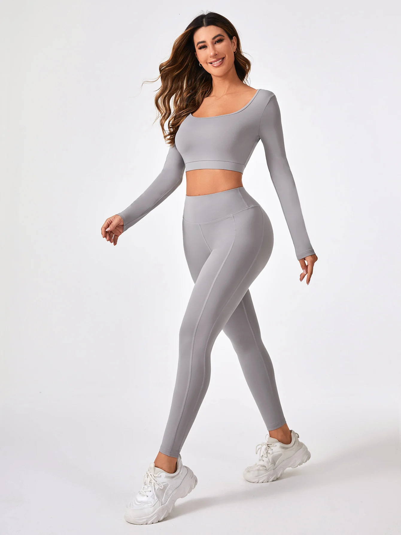 2 Pieces Long Sleeve Yoga Pilates Sports Suits Quick Dry Elastic Slim Fit Tracksuit Fitness Workout Breathable Activewear Set 241010