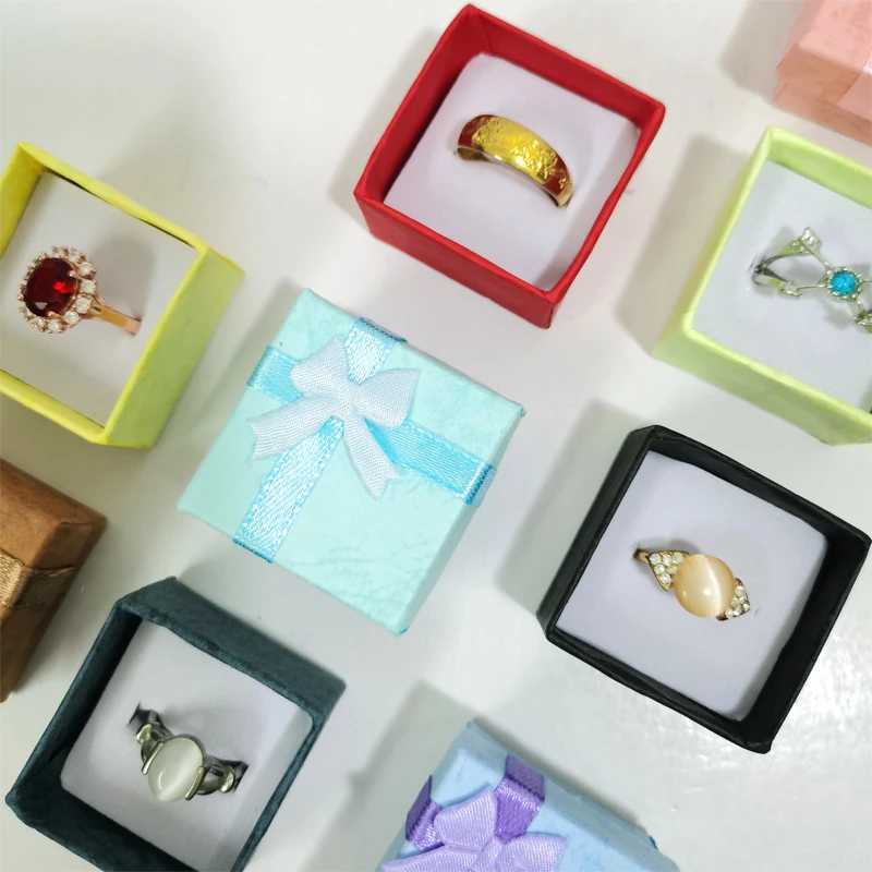 6 pieces/batch 4 * 4cm square ring box paper bead treasure box ring earring storage container jewelry gift box bow jewelry display box W241019