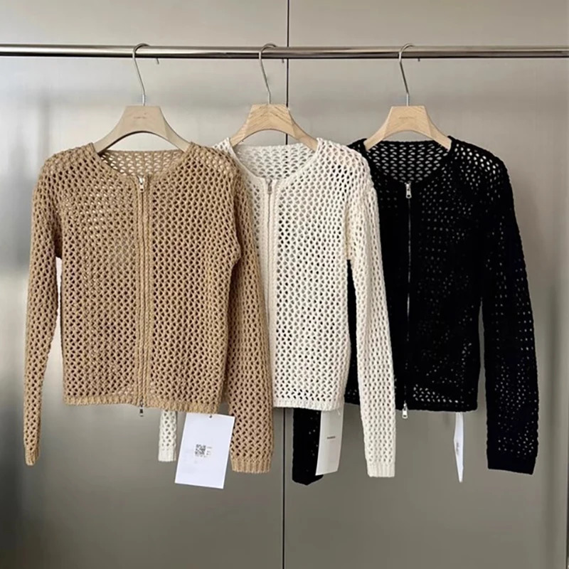 Yedinas Streetwear Hollow Out Knitted Tops Long Sleeve Korean Fashion Double Zipper Cardigan Women Sweater Knitwear Y2k Chic 241010