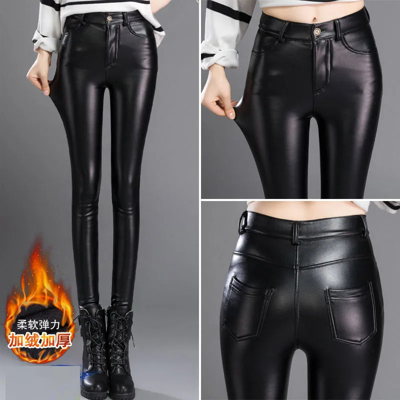 Stretch Skinny Leather Pants for Women Fleece Winter Velvet Casual Trousers Thick Warm Female Pencil Leggings Autumn High Waist 241007