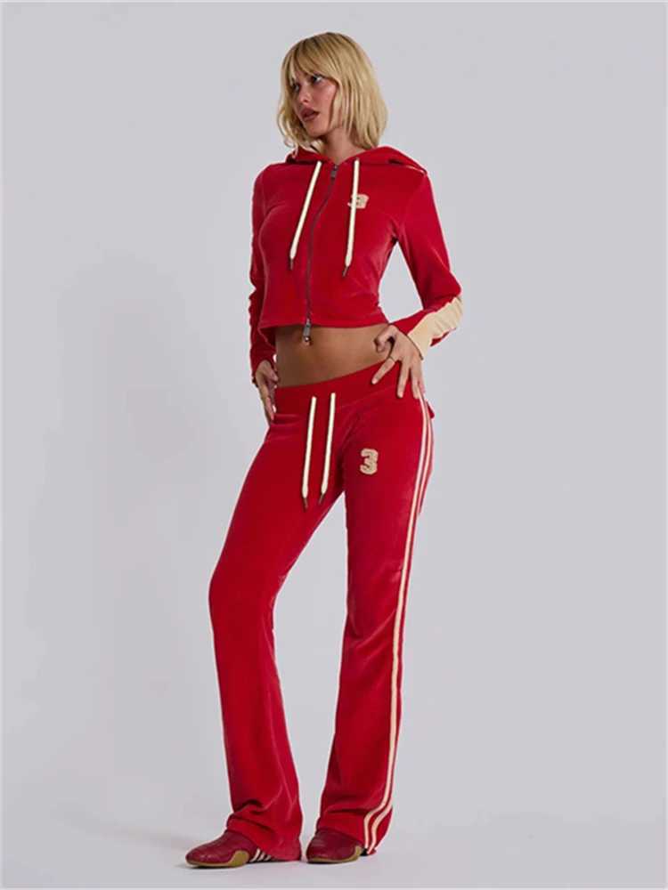 Women's Two Piece Pants Absobe Velvet Y2K 2-piece Womens Zipper Crop Hoodie Top Flash Pants Set Splicing Color Contrast Lace Low Rise Slimming Se