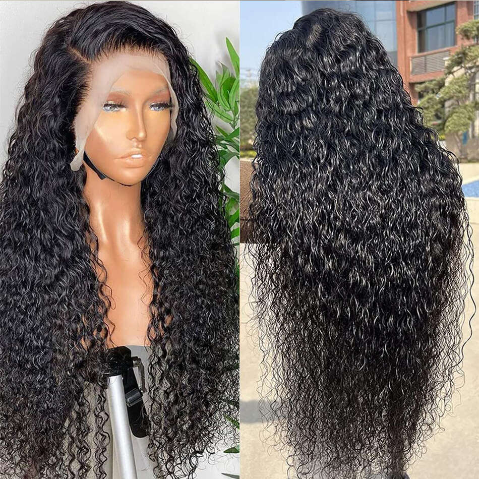 Water Wave Front 13x4 Transparent Curly Lace Frontal Wigs For Black Women Pre Plucked With Baby Hair 180% Wet And Wavy
