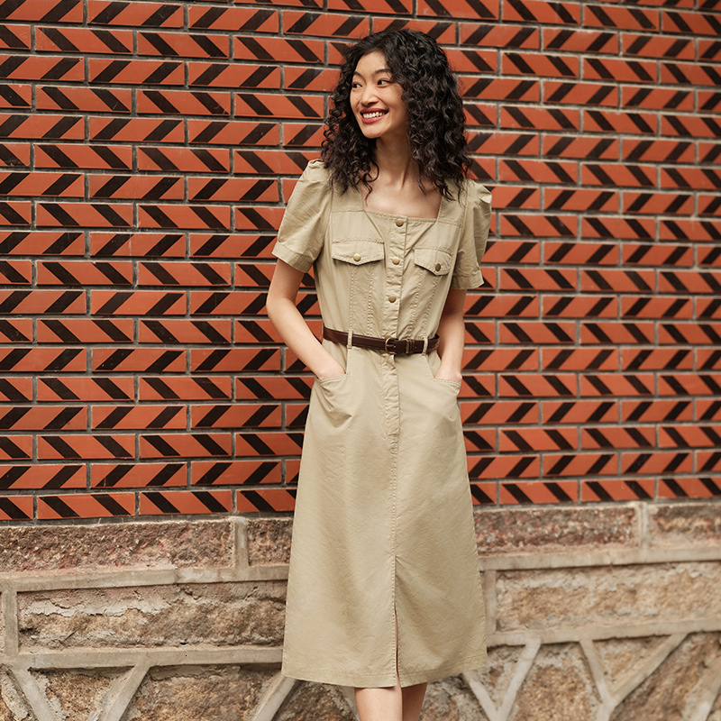 Semir Women Square Neck Split Midi 2024 Summer New Salt-Washed Utility Dress With Vintage Vibes