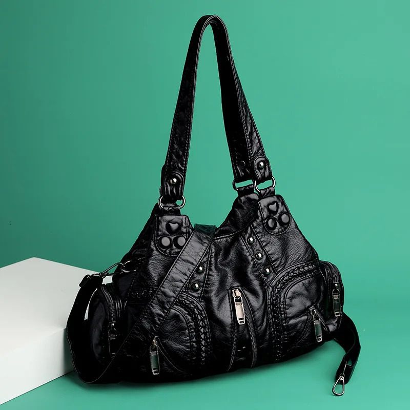 Black Y2k Womens Shoulder Bag Retro Punk Gothic Fashion er Pu Leather Handbag Large Capacity Rivet Motorcycle Handbag 241018