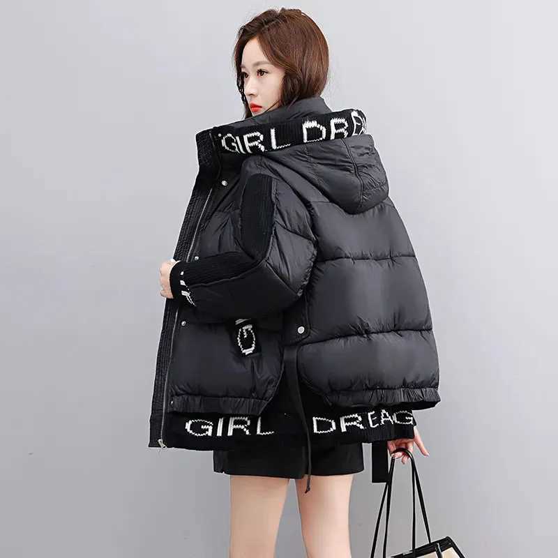 Women's Down Parkas New Fashion Womens Splicing Cotton Coat Winter Thick Warm Apron Jacket Premium Womens Hooded Parker Coat Y241019A6N3