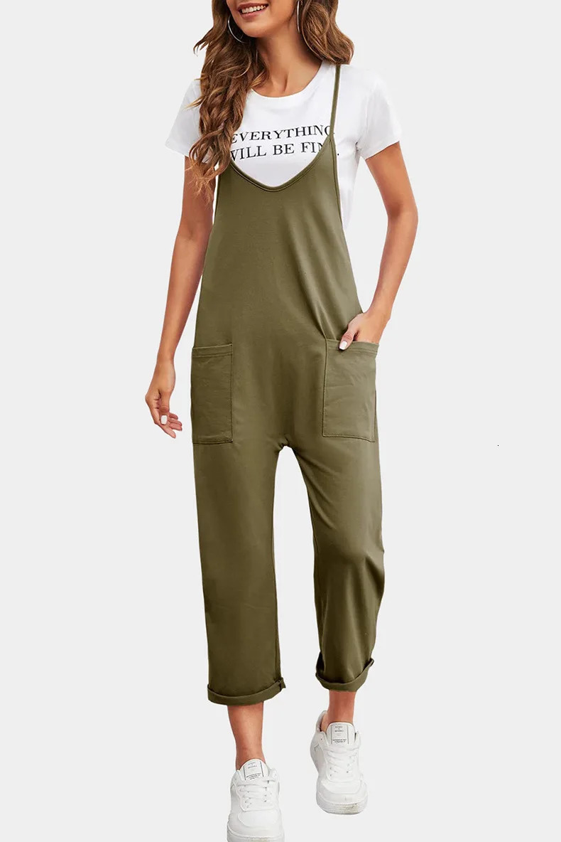 2024 Spring Womens Casual Pocket Pants Solid Loose Strap Straight Jumpsuit 241007