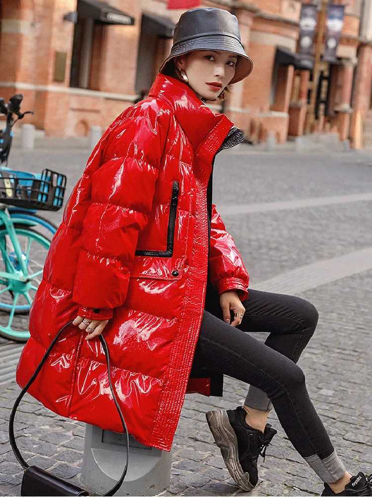 Women's Down Parkas Winter jacket shiny womens Parka down jacket cotton jacket red jacket windproof smooth womens T-shirt thick and loose waterpr
