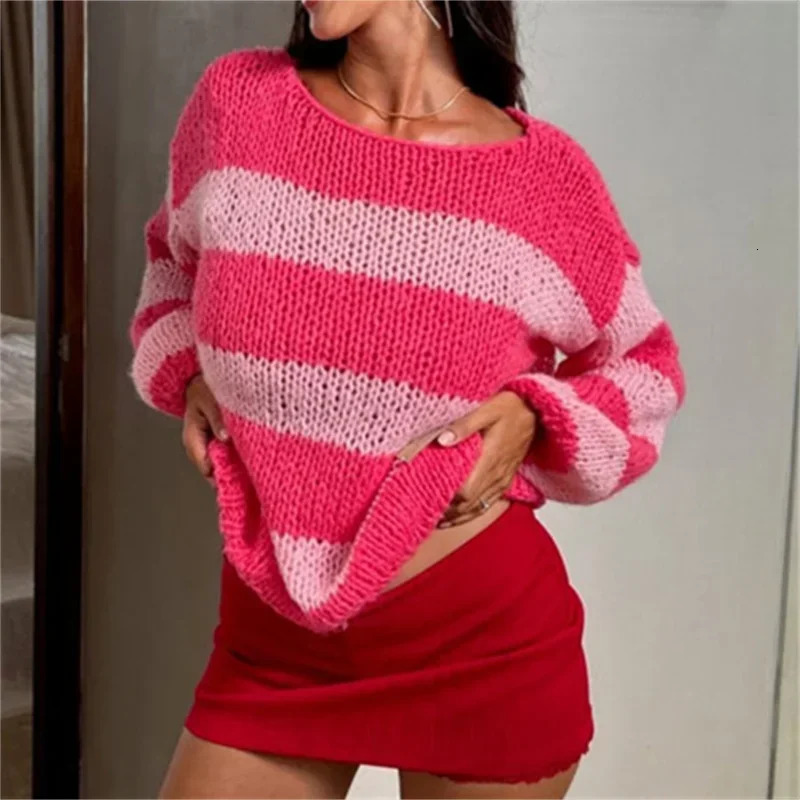 Y2k Crochet Knit Stripe Jumper Women White and Blue Sweater Loose O Neck Long Sleeve Pullover Tops 2024 Autumn Winter Streetwear 241010