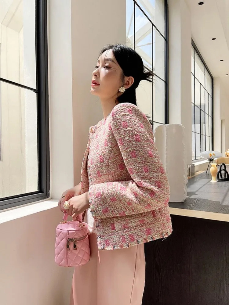 Women Pink Tweed Jacket Fashion Elegant ONeck Spring Autumn Short Coat Long Sleeve Slim Fit Outerwear Office Ladies Jackets 241019