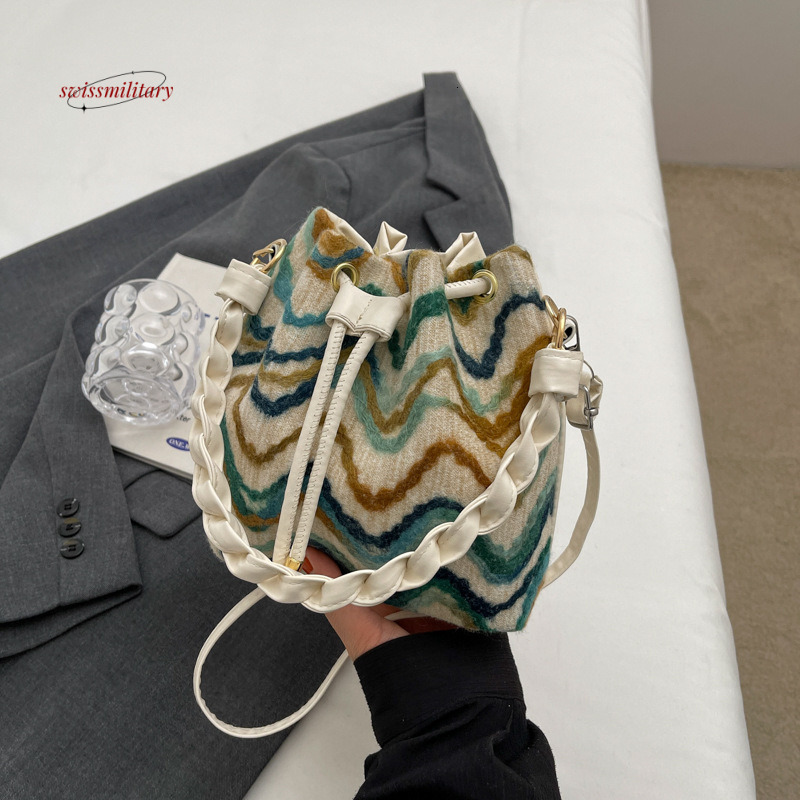 Spring/Summer Bohemian Knitted Pattern Small for Women 2024 New Fashion Color Contrasting Crossbody Pulling Rope Bucket Bag #20 swissmilitary