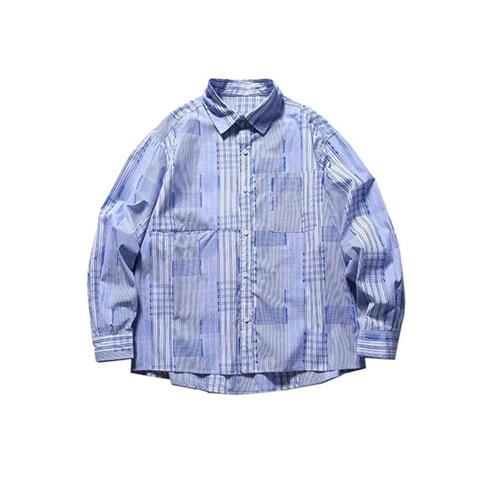 shanshi Men's shirts Spring Autumn plaid patchwork long sleeved shirt for men women loose casual fashionable versatile handsome trendy lapel jack