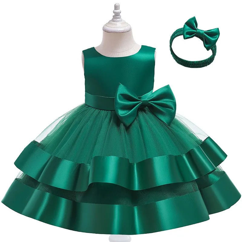 Satin Gauze Big Bow Baby Girls Princess Dress Summer Wedding Ball Christmas Birthday Party Costume Girl Dresses Gift Headband 241008