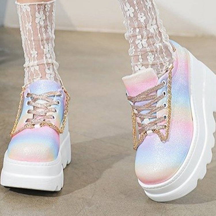 Large size new sponge cake thick sole color lace up metal chain sports casual lace up single shoe for women