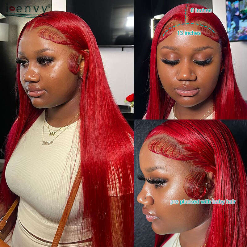 13X6 Hot Red Frontal Human Hair Wigs Bone Straight 13X4 Hd Transparent Bury 99J Colored Lace Front Wig
