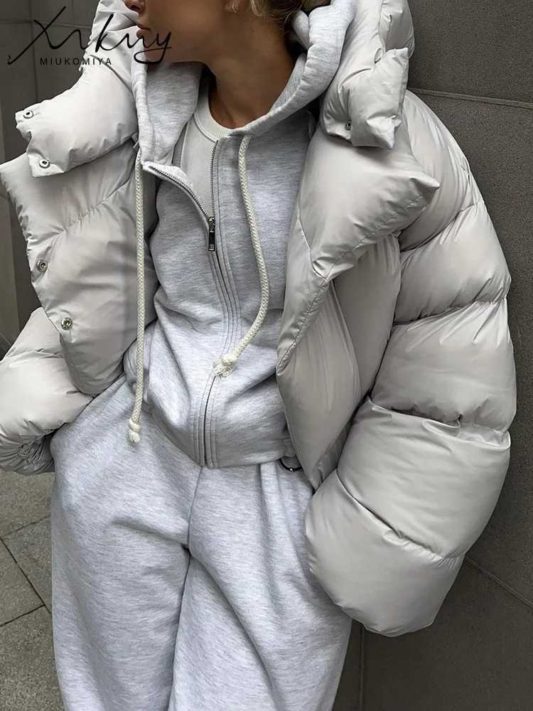 Women's Down Parkas MiuKoMiYa grey womens winter cotton jacket short sleeved apron thick coat Parkas womens hooded jacket 2023 winter Y2410193W5A