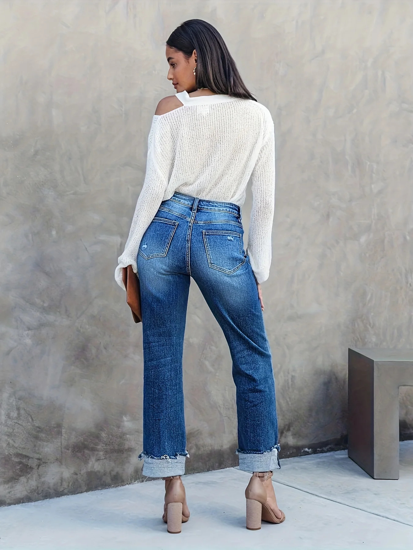 Asymmetrical Waist Casual Straight Jeans Loose Fit Rolled Hem Denim Pants Clothing 241009