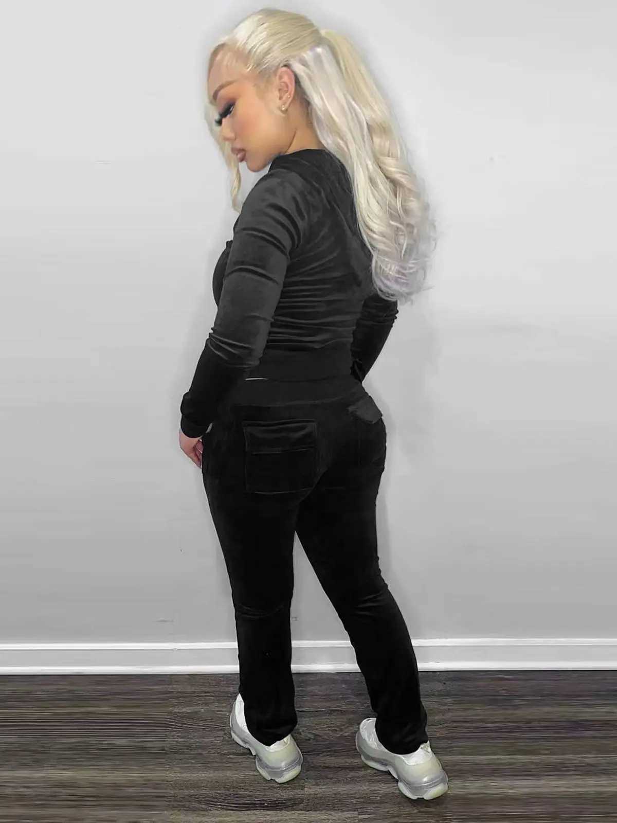 Womens Two Piece Pants Velvet tight fitting jumpsuit womens twopiece zipper hoodie topsports pants matching set lounge clothing sportswear jogging w Y