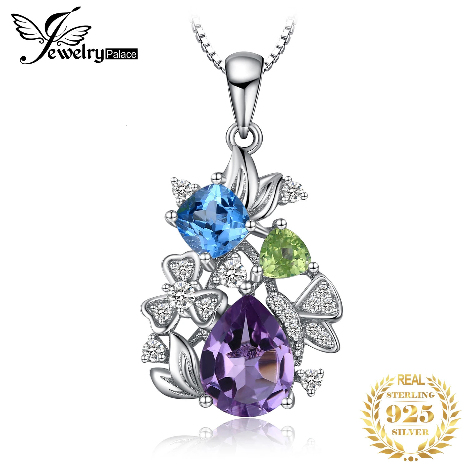Jewelry Natural Amethyst Blue Yellow Jade Olivine Chromium Diode Flower Pendant Necklace 925 Pure Silver Womens Chainless 241018