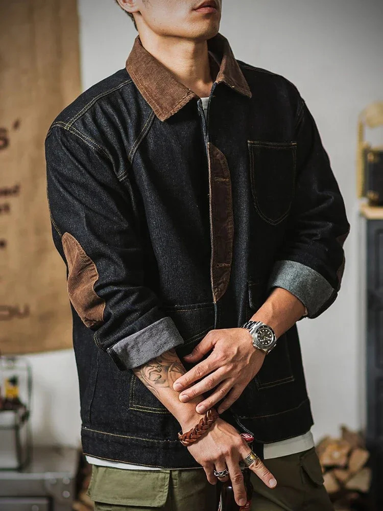 Jeans Coat for Men Vintage Black Aesthetic Denim Jackets Man Cargo Spliced Low Cost Big Size Large Outwear Korea in Lowest Price 241007
