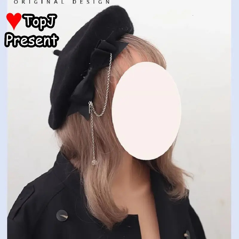 Womens Lolita Punk Steam Gothic Harajuku Girl Beret Black Bow JK Sweet Cool Personalized Autumn and Winter Hat 241018