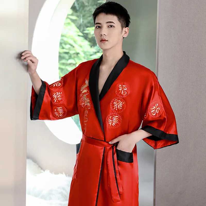 Chinese Style Satin Kimono Mens Lapel Mid Length Sleepwear New Spring Summer Bathrobe Nightwear Male Intimate Lingerie HomewearXJ241018