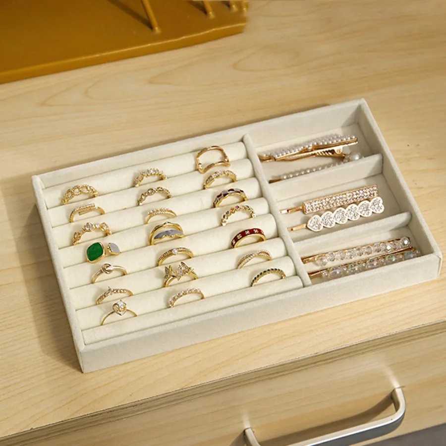 Velvet jewelry tray storage drawer small stackable beige jewelry box and packaging suitable for rings and earrings simple and practical W241019