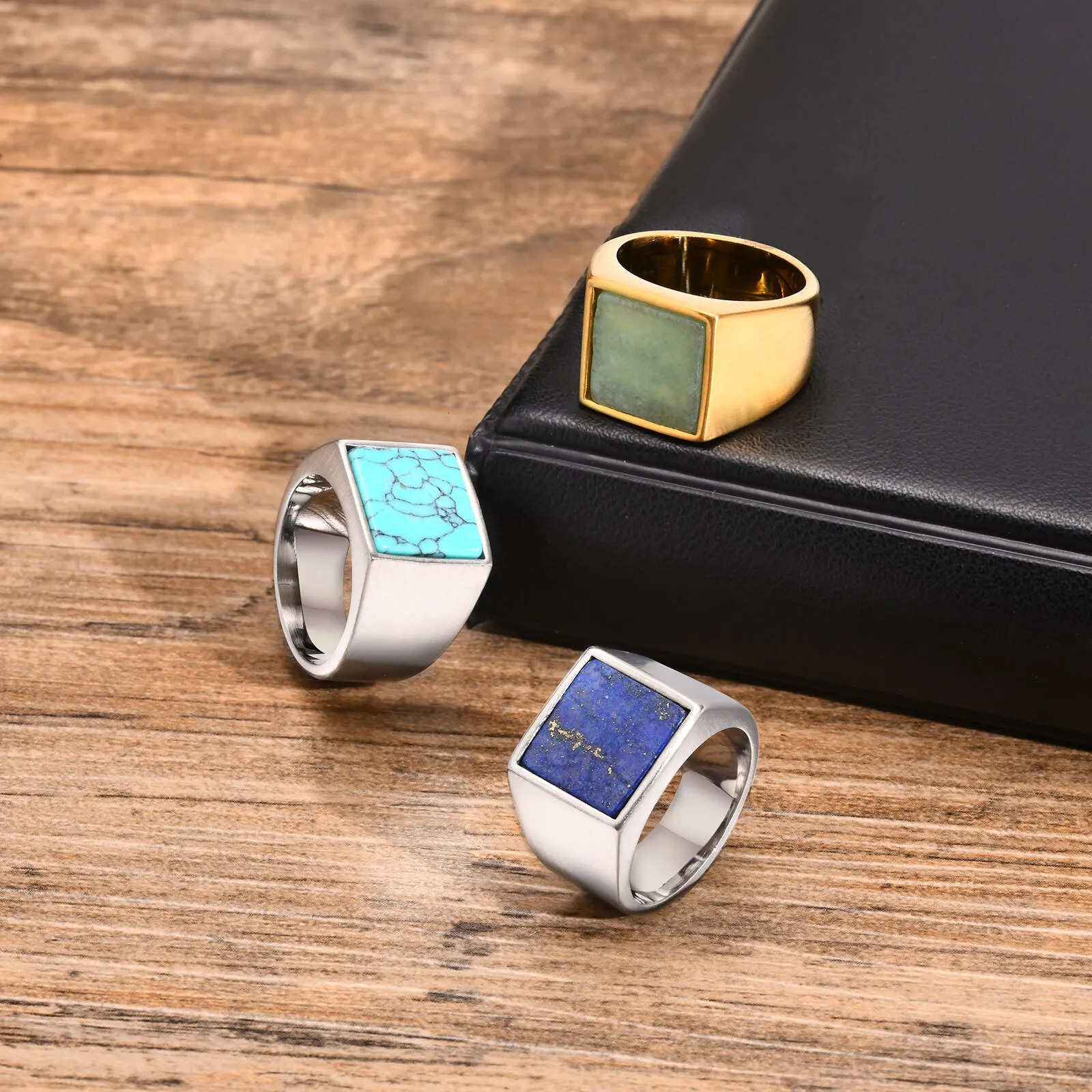 MP Blue Nature Stone Ring for Men BoysSilver Color Stainless Steel Square RingThumb Male Jewelry Gifts 241010