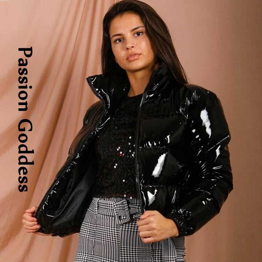 Women's Down Parkas Autumn Winter Women Bright PU Puffer Jackets Warm Bubble Coat Down Parkas Outcoat Zipper Jacket Cute Cropped Parkas XXL Y2410