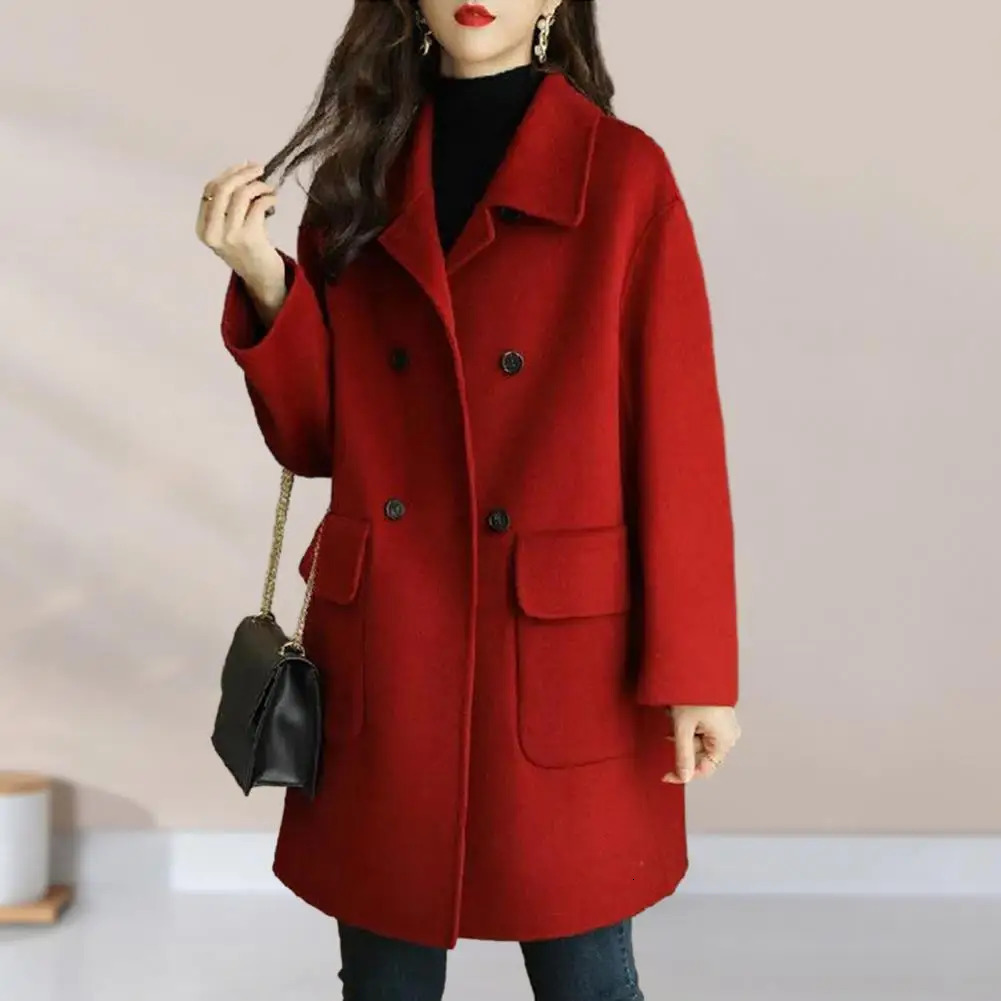 Autumn and winter womens wool coat with lapel double chest lapel pocket jacket solid color medium loose jacket 241019