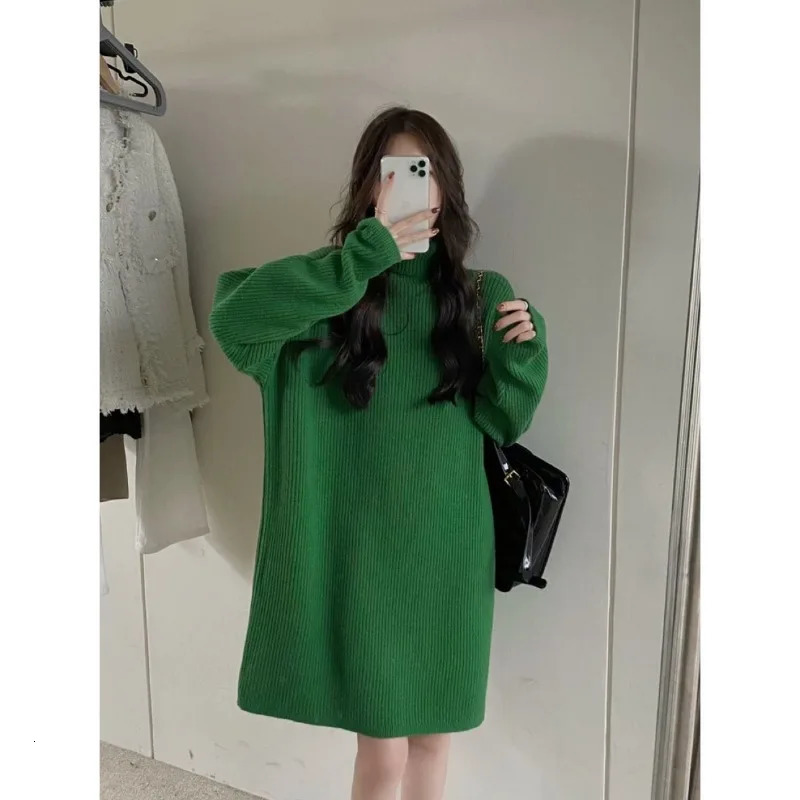 Turtleneck Warm Knitted Dress Women Autumn Winter Simplicity Solid Color Long Sleeve Midi Dress All-match Trend A-line Skirt 241010