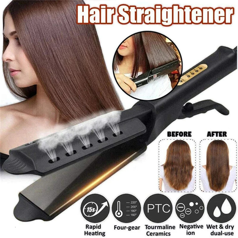 Ceramic tourmaline ion flat iron straight hair 2-in-1 steam ventilation hole n wide plate straightener 241018