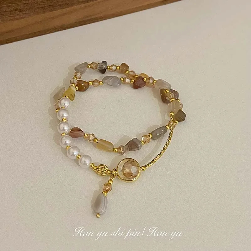 Irregular natural stone double-layer stacked pearl bracelet suitable for womens niche n sweet spliced pearl bracelet 241018
