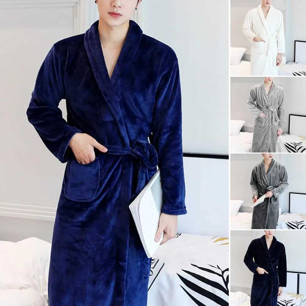 Couple Bathrobe Coral Fleece Open Stitch Solid Color Thicken Tight Waist Bathing Belt Unisex Pockets Winter Bathrobe for BedroomXJ241018