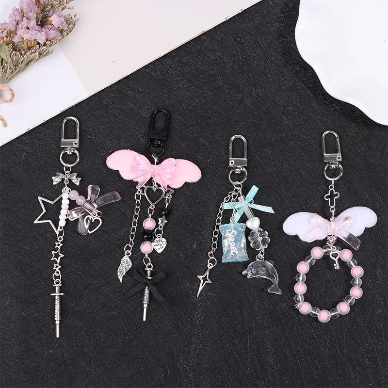 Y2k Pink Wings Phone Chain Dolphin Star Keychain Sweet Cool Beaded Earphone Case Pendant Bag Decor Car Keyring 241017