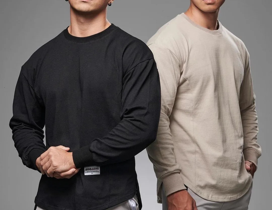 Mens long sleeved pure cotton T-shirt with curved hem mens autumn sports streetwear 241018