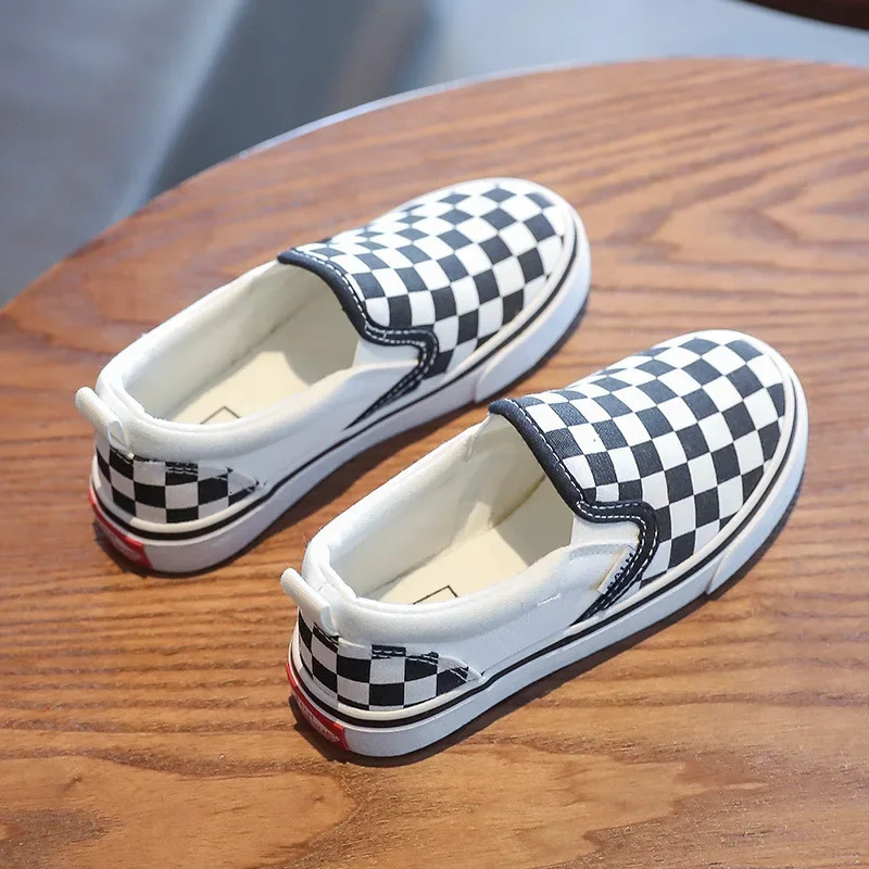 Kid Canvas Shoes White and Black Plaid Checkered Casual Sneakers Spring Summer Breathable Soft Sold Fashion for Boys Girls 241018