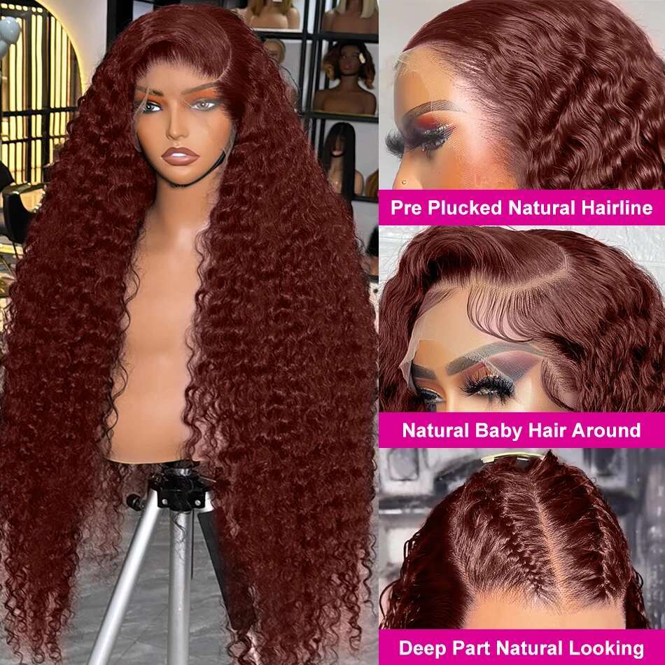 Wigirl 180% Reddish Brown Deep Wave 13x6 Pre Plucked 13x4 Curly Transparent Lace Front Wigs Human Hair For Women