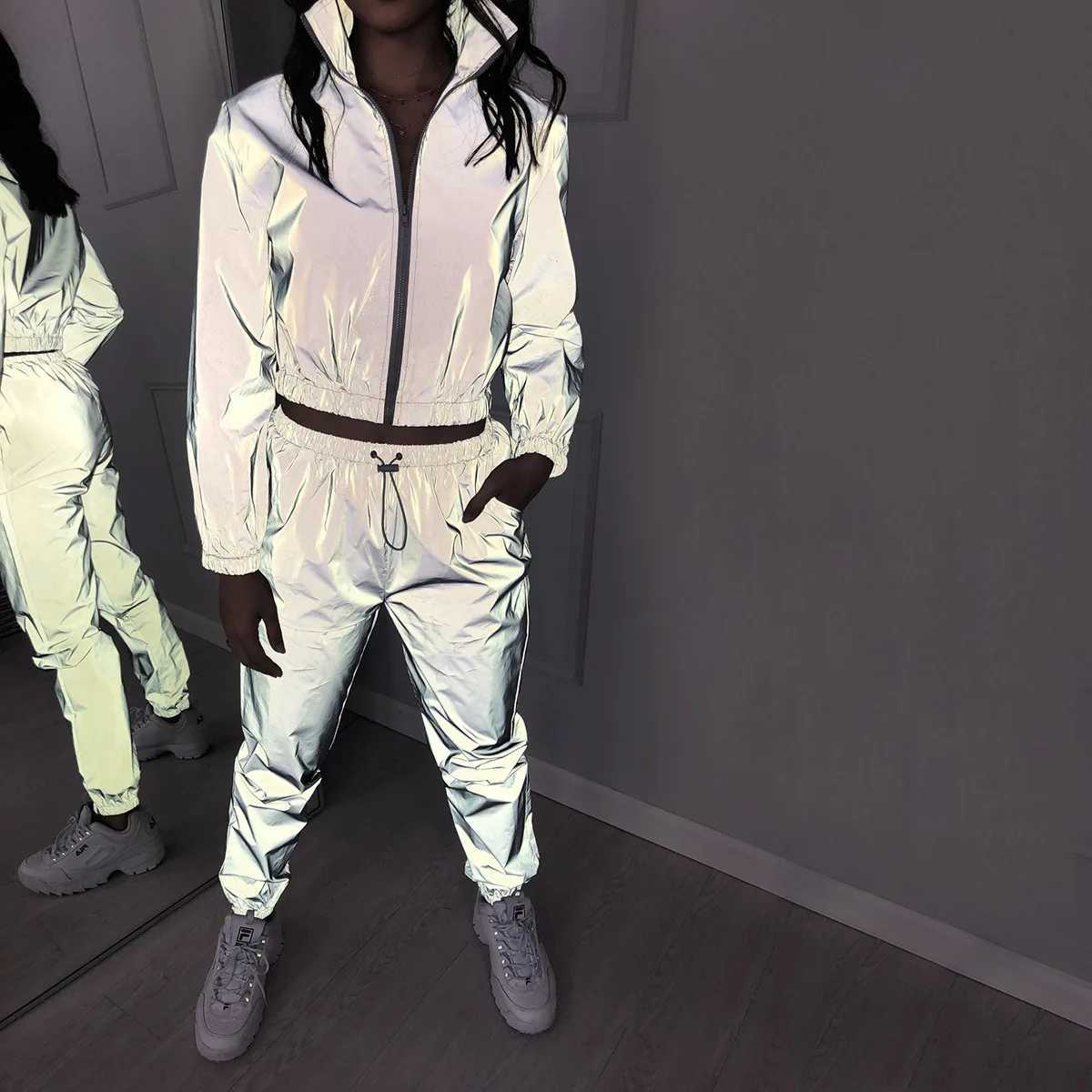 Womens Two Piece Pants Womens sportswear reflecting glow in the dark running suit jacket pants twopiece set womens sportswear twopiece set fitness sui