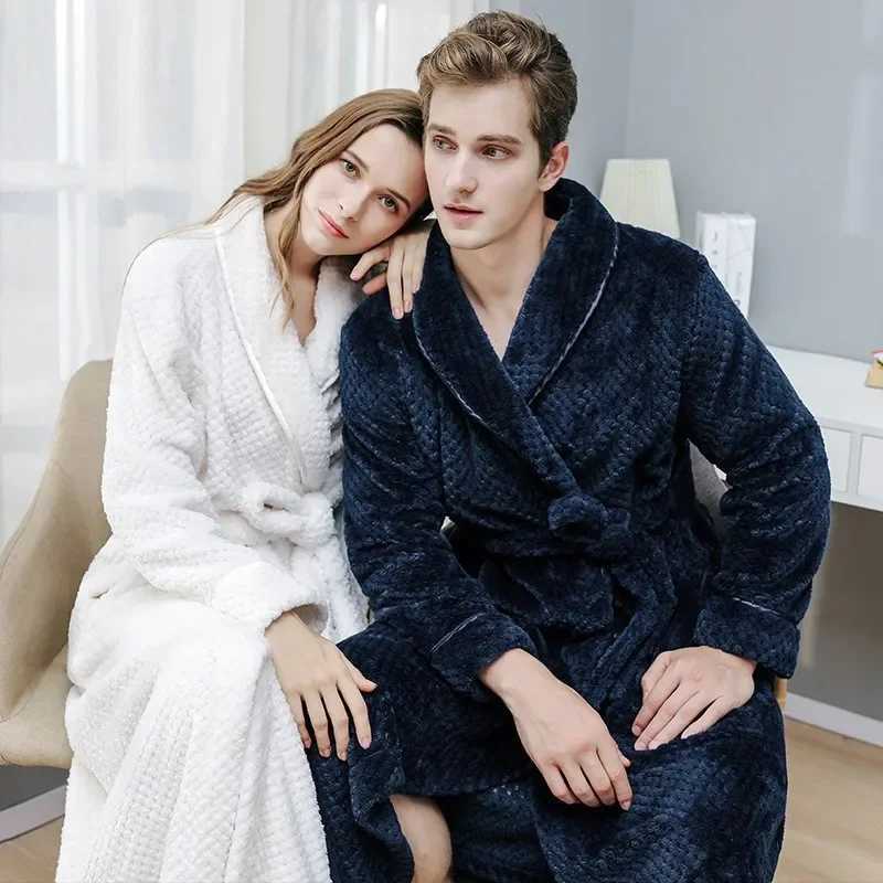 Autumn Winter Thick Flannel Couple Pajamas Nightgown Bath Robe Kimono Bathrobe Fleece Loungewear Sleepwear Warm Robes BeltsXJ241018